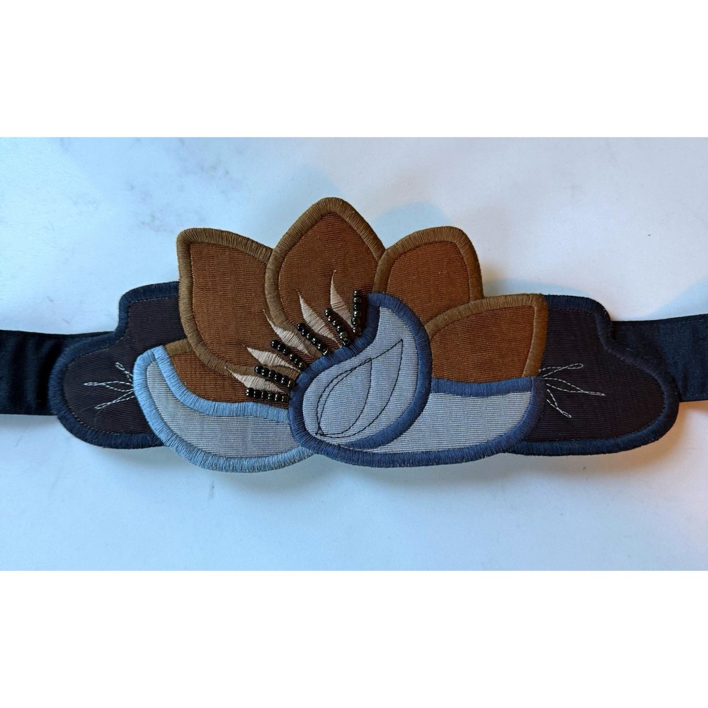 Ellen Edith Vintage Belt Silk Applique Leaf Flower Beaded Boho Chic 70's 80's